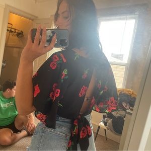 Cropped Black Floral Top with Tie Back